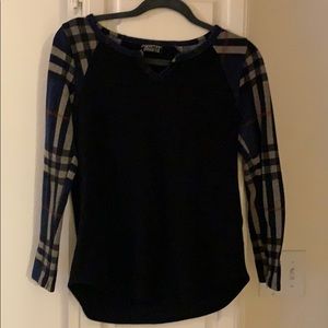 Navy Blue Sweater with plaid sleeves